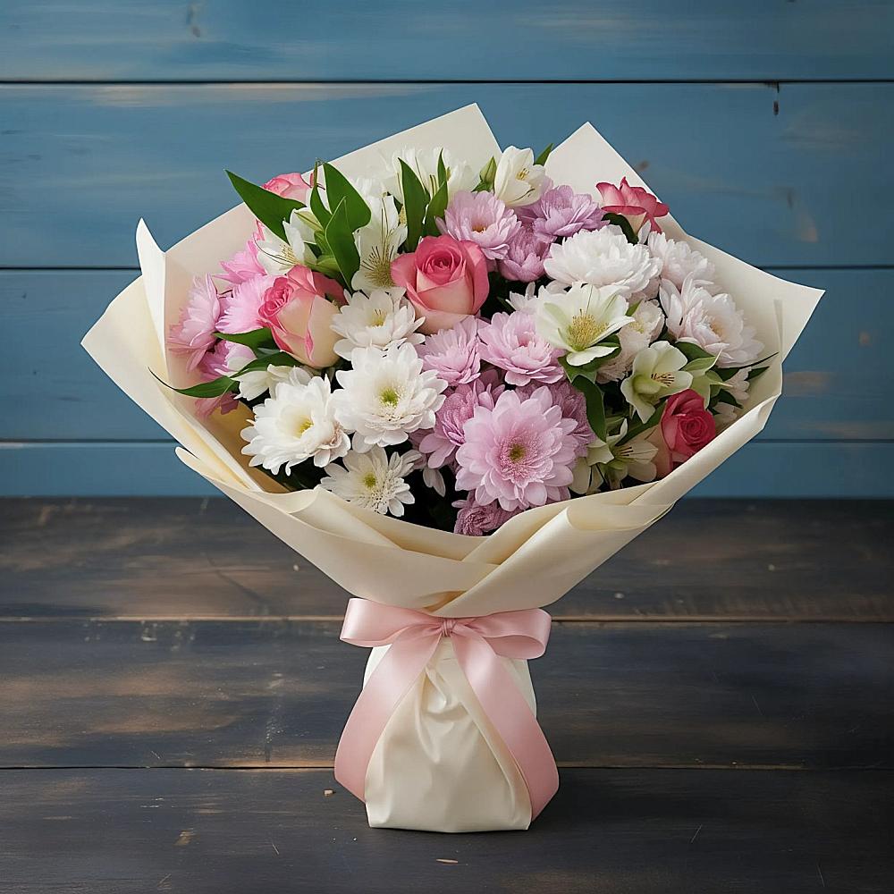 Букет цветов из: Хризантемы, Альстромерии и Розы в Бабстово